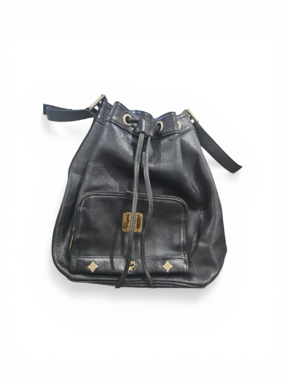 MCM Black Leather Drawstring Shoulder Bucket Bag with Gold Hardware